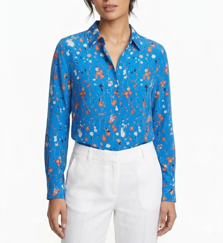 Floral Button Front Silk Blouse | Large